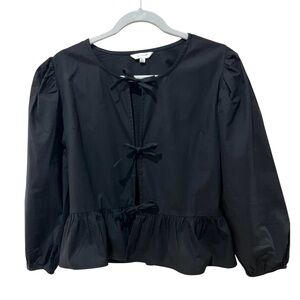 Sim & Sam Black Puff Long Sleeves Tie Front Ruffle Hem Blouse Top SZ XL EUC